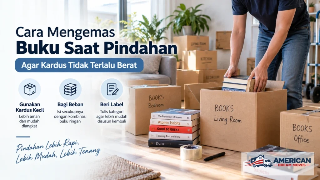 Cara mengemas buku saat pindahan menggunakan kardus kecil agar beban tidak terlalu berat