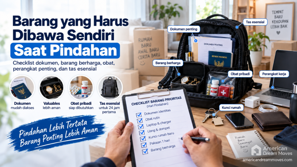 Infografis barang yang harus dibawa sendiri saat pindahan: dokumen penting, barang berharga, obat, perangkat kerja, kunci rumah, dan tas esensial.