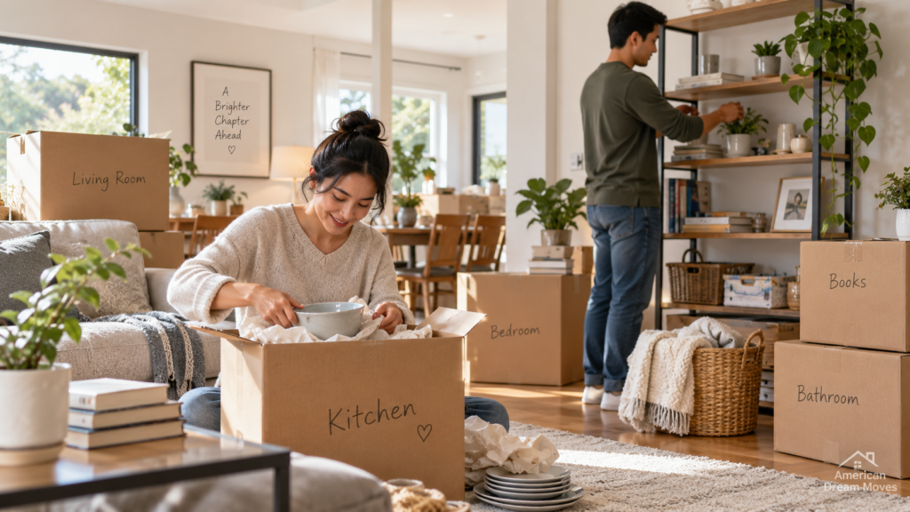 Proses unpacking setelah pindahan dengan kardus berlabel dan rumah mulai tertata