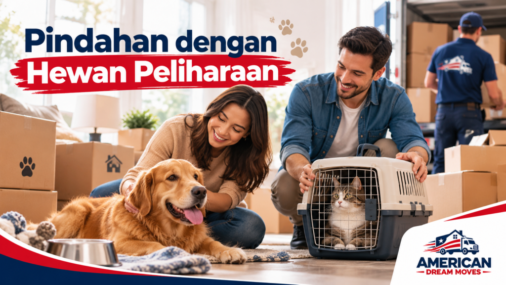 Persiapan pindahan dengan hewan peliharaan menggunakan carrier dan area aman di tengah proses moving