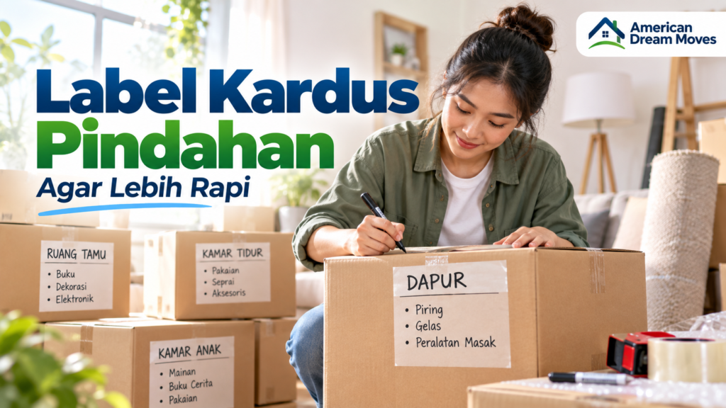 Kardus pindahan diberi label nama ruangan dan isi untuk memudahkan proses pindahan
