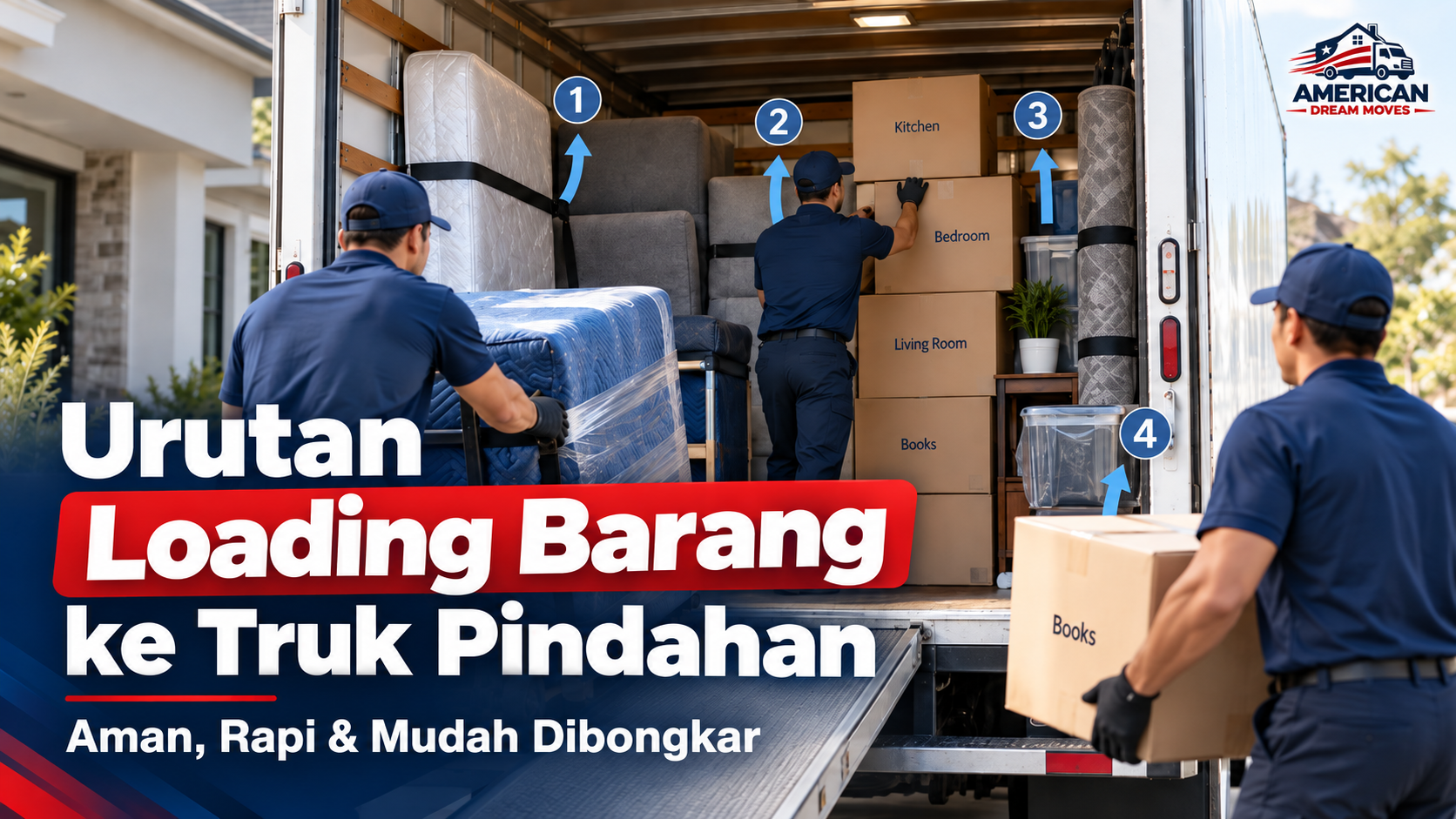 Tim pindahan menyusun urutan loading barang ke dalam truk agar aman rapi dan mudah dibongkar